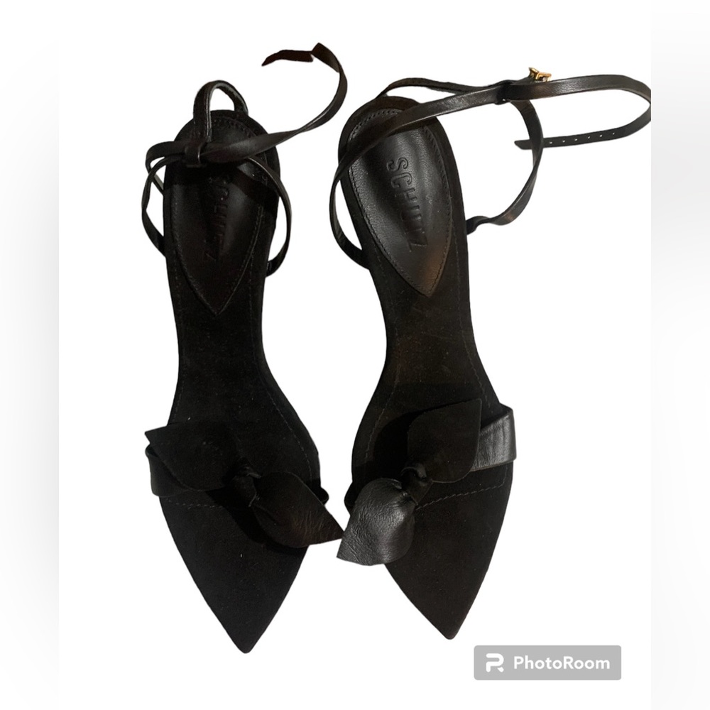 Schutz elyda black bow pointed toe heeled sandal
